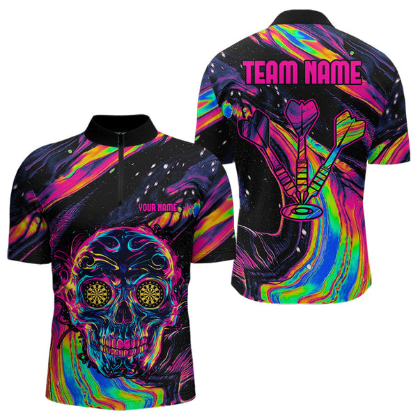 Custom Colorful Darts Skull Quarter-Zip Shirts For Men, Dart Team Uniform Dart Outfit NYN0020