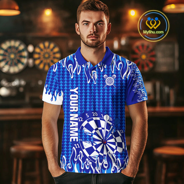 Custom Blue Flame Dartboard Dart Jerseys, Fire Dart Team Men Polo Shirt Dart Outfit NYN0345