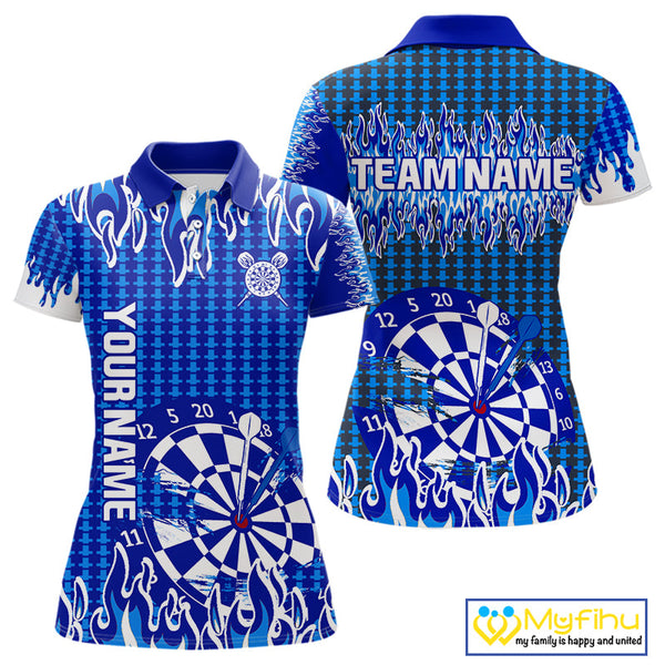 Custom Blue Flame Dartboard Dart Jerseys, Fire Dart Team Women Polo Shirt Dart Outfit NYN0345