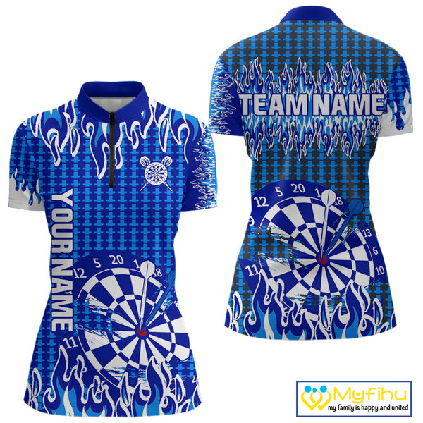 Custom Blue Flame Dartboard Dart Jerseys, Fire Dart Women Quarter-Zip Shirt Dart Outfit NYN0345