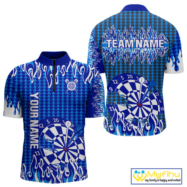 Custom Blue Flame Dartboard Dart Jerseys, Fire Dart Team Men Quarter-Zip Shirt Dart Outfit NYN0345