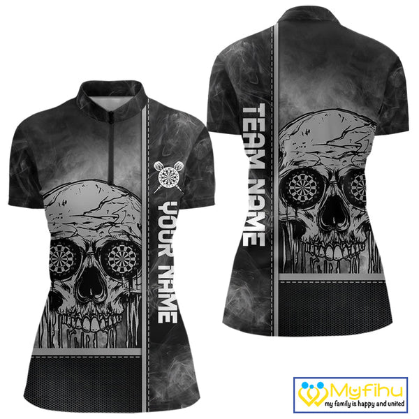 Custom Smoke Skull Dart Women Quarter-Zip Shirts, Dart Tournament Shirt, Halloween Outfit NYN0067