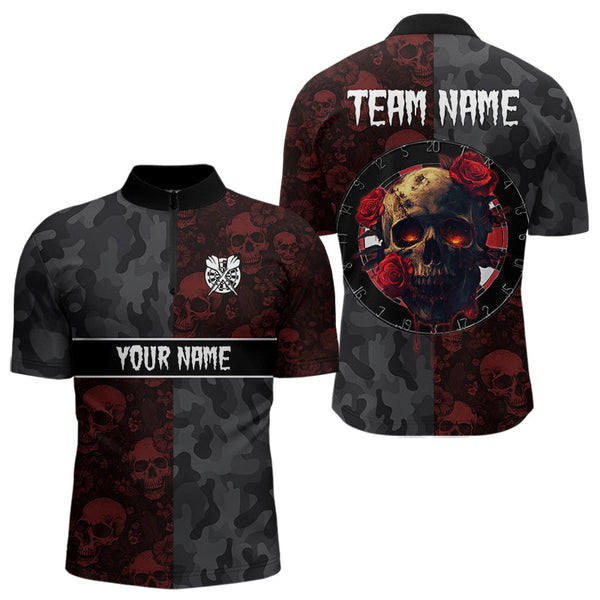 Custom Black And Red Camo Skull And Roses Dart Quarter-Zip Shirts For Men, Dart Team Jerseys NYN0028