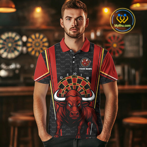 Custom Black And Red Bullseye Bull Dart Polo Shirts For Men, Dart Team League Shirt NYN0359