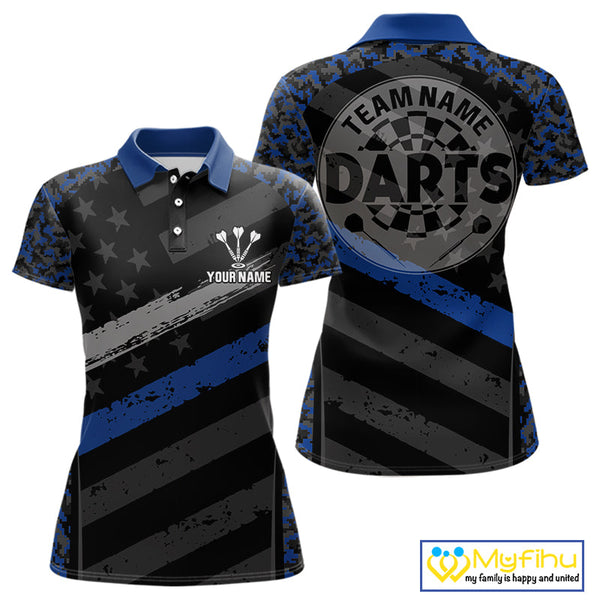 Custom Black And Blue Camo US Flag Patriotic Dart Team Women Polo Shirts With Name NYN0360