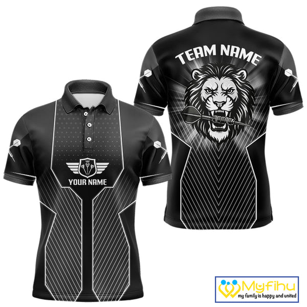 Custom Black And White Lion Team Dart Jerseys, Dart Men Polo Shirts With Name NYN0362