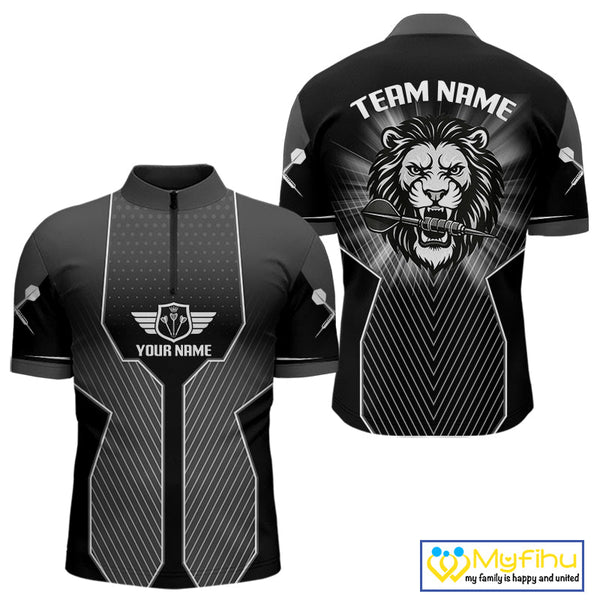 Custom Black And White Lion Team Dart Jerseys, Dart Men Quarter-Zip Shirts With Name NYN0362