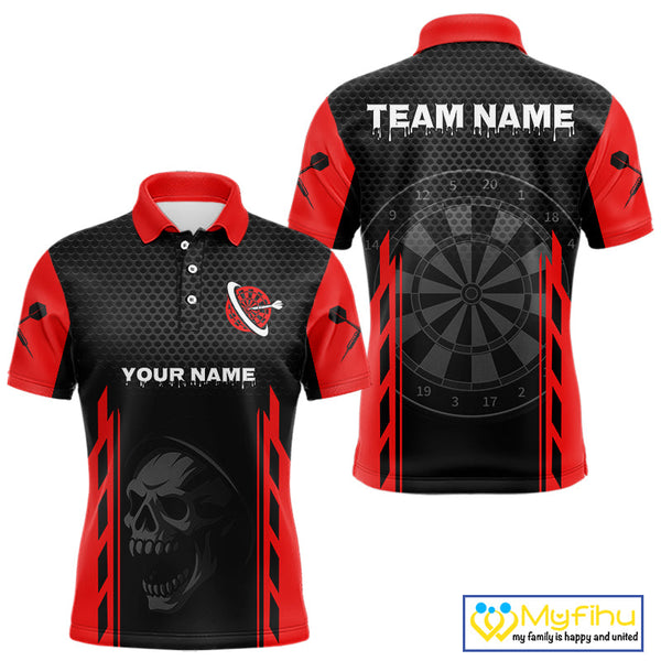 Custom Black And Red Skull Dart Polo Shirts For Men, Halloween Dart Team Outfit NYN0365