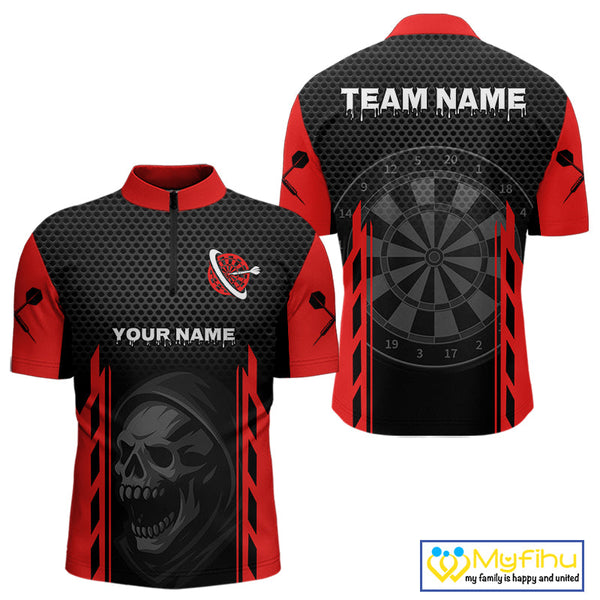 Custom Black And Red Skull Dart Quarter-Zip Shirts For Men, Halloween Dart Team Outfit NYN0365