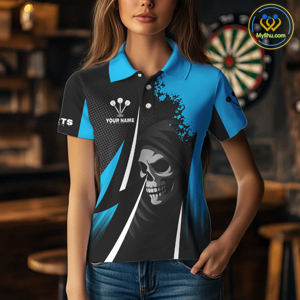 Custom Black And Blue Grim Reaper Dart Polo Shirts For Women, Halloween Team Dart Outfit NYN0367