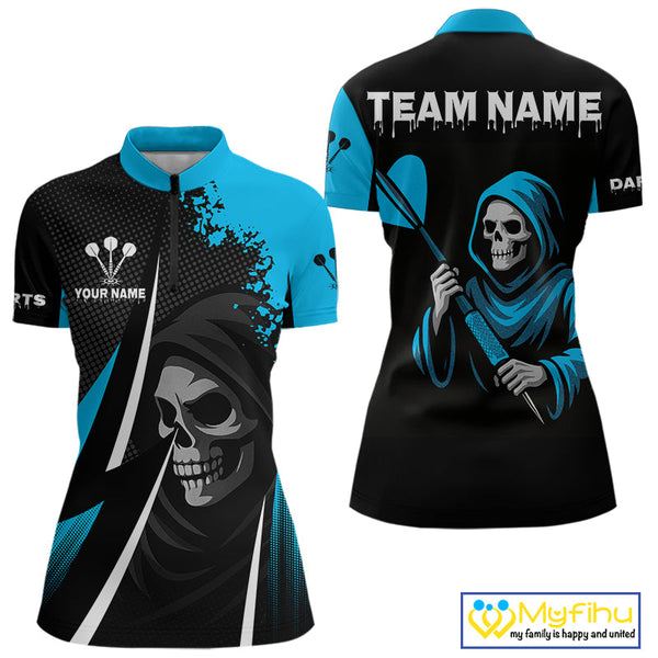 Custom Black And Blue Grim Reaper Dart Women Quarter-Zip Shirt, Halloween Team Dart Outfit NYN0367