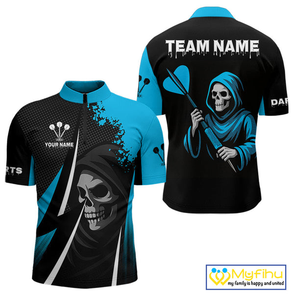Custom Black And Blue Grim Reaper Dart Quarter-Zip Shirts For Men, Halloween Team Dart Outfit NYN0367