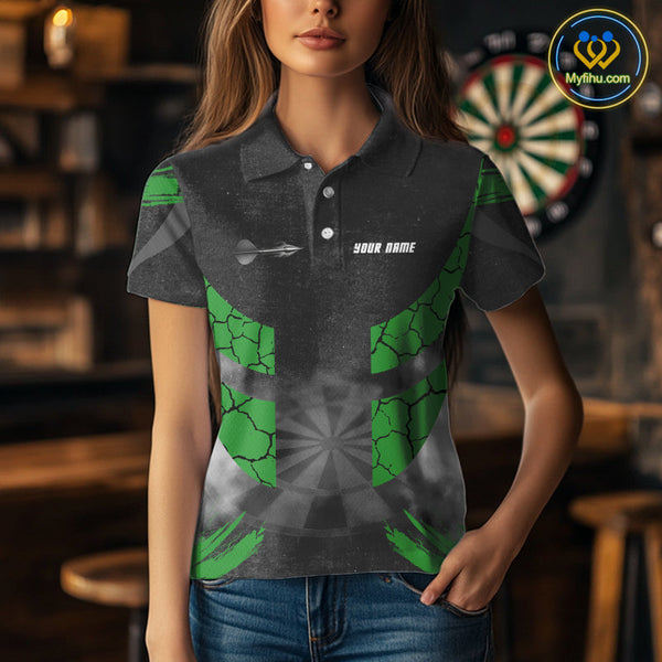 Custom Black And Green Cracked Dart Polo Shirts For Women, Smoke Dart Jerseys NYN0370