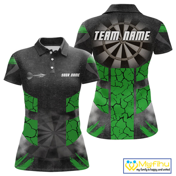 Custom Black And Green Cracked Dart Polo Shirts For Women, Smoke Dart Jerseys NYN0370
