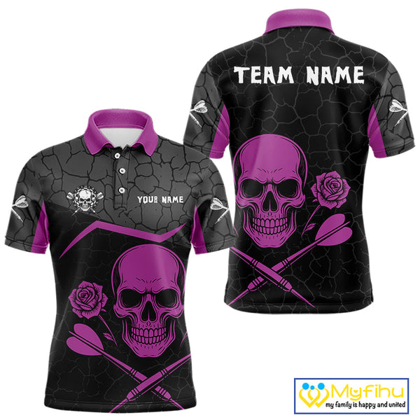 Custom Black And Purple Skull And Roses Dart Men Polo Shirt, Dart Team League Shirt NYN0375