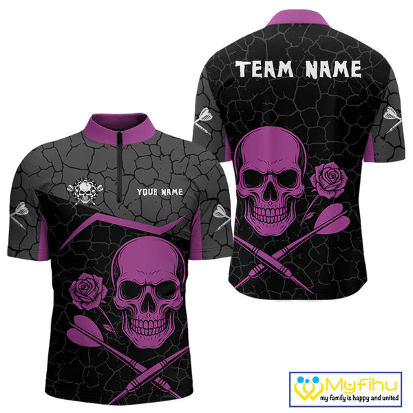 Custom Black And Purple Skull And Roses Dart Men Quarter-Zip Shirt, Dart Team League Shirt NYN0375