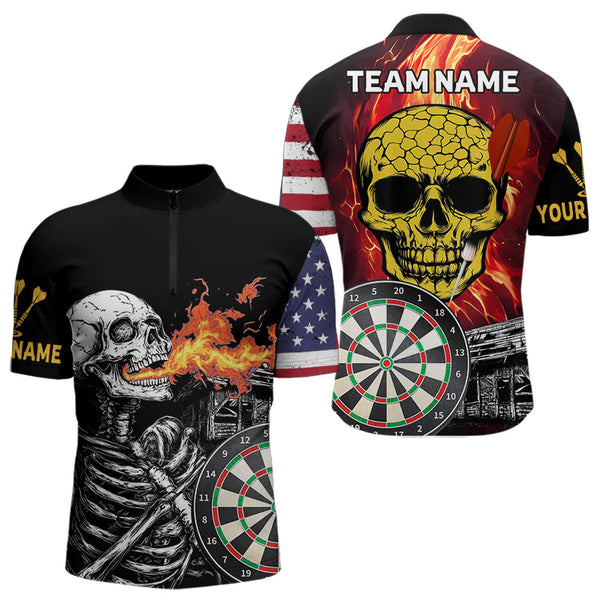 Custom US Flag Patriotic Darts Quarter-Zip Shirts For Men, Skull Halloween Dart Outfit NYN0036