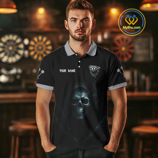 Custom Black And Blue Grim Reaper Skull Dart Team Men Polo Shirt, Halloween Dart Outfit NYN0380