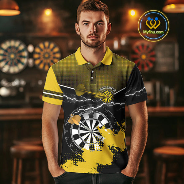 Custom Black And Yellow Thunder Lightning Dart Jerseys, Dart Team Men Polo Shirt NYN0382