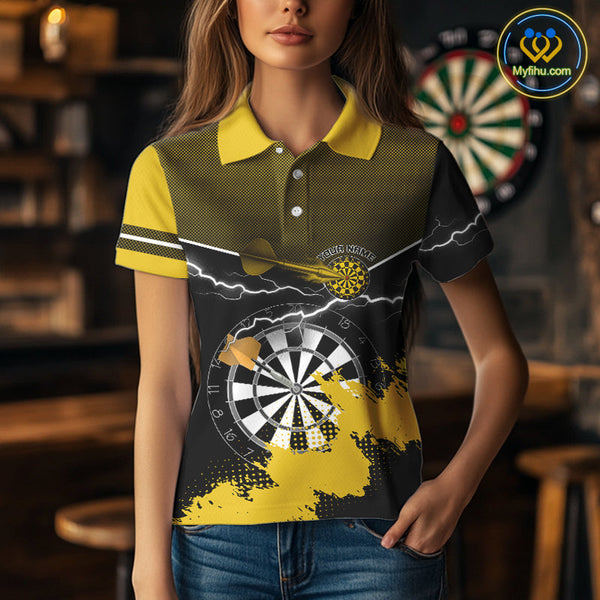 Custom Black And Yellow Thunder Lightning Dart Jerseys, Dart Team Women Polo Shirt NYN0382