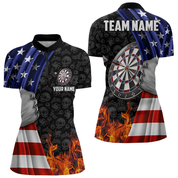 Custom Flame US Flag Patriotic Dart Women Quarter-Zip Shirt, Dart Jersey Dart League Shirt NYN0047