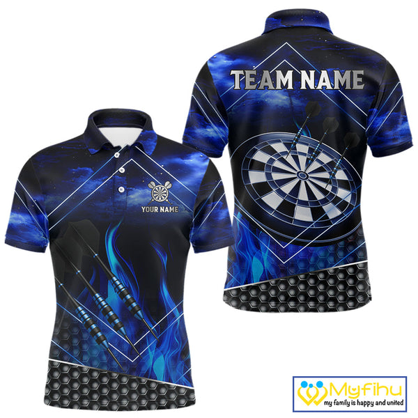 Custom Blue Fire Flame Dartboard Dart Team Polo Shirts For Men, Dart League Shirt NYN0668