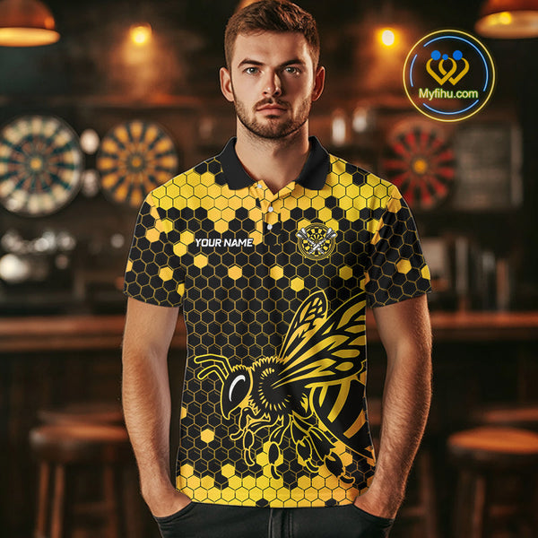 Custom Yellow Hexagon Pattern Bee Skull Dart Polo Shirts For Men, Halloween Dart Outfit NYN0053
