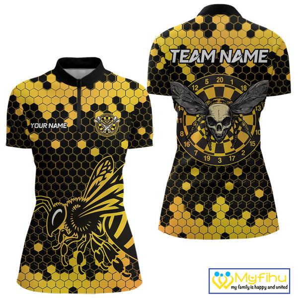 Custom Yellow Hexagon Bee Skull Dart Women Quarter-Zip Shirts, Halloween Dart Outfit NYN0053