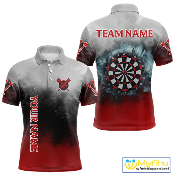 Custom Black, Gray And Red Smoke Darts Polo Shirts For Men, Flame Dart Shirt NYN0060