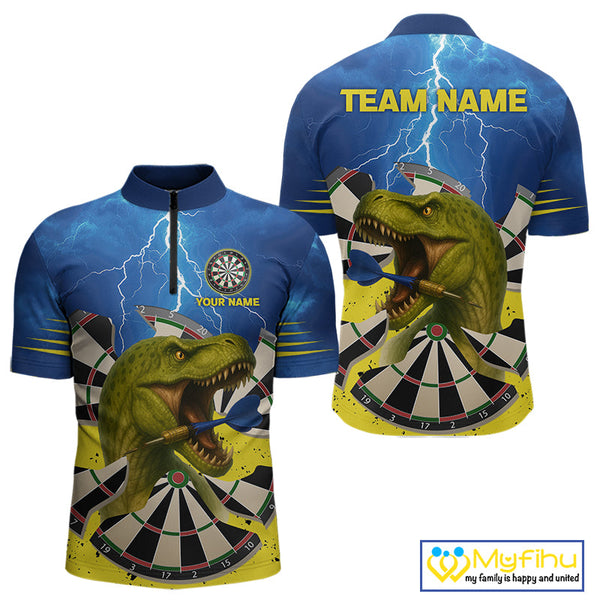 Custom Blue Thunder Lightning Funny Dinosaur Dart Team Quarter-Zip Shirts For Men NYN0398