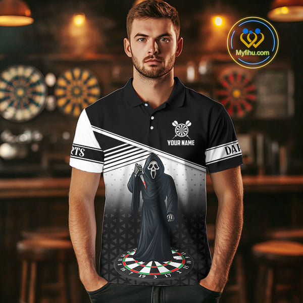 Custom Black And White Grim Reaper Dart Men Polo Shirt, Halloween Dart Outfit NYN0673