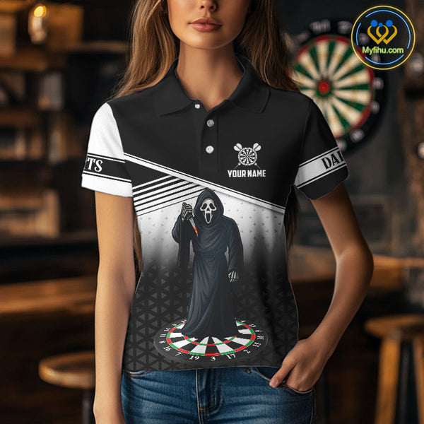 Custom Black And White Grim Reaper Dart Women Polo Shirt, Halloween Dart Outfit NYN0673