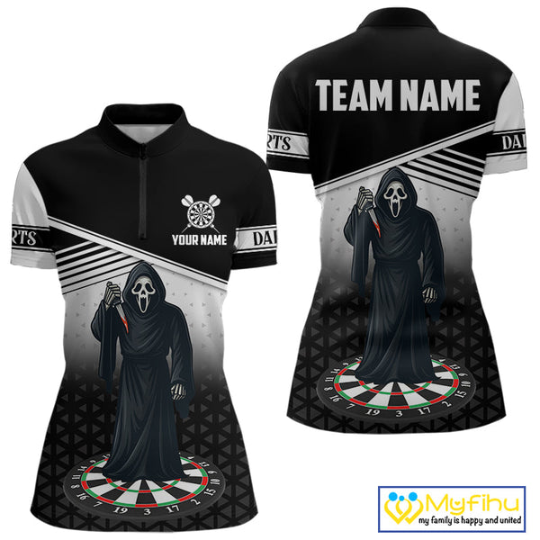 Custom Black And White Grim Reaper Dart Women Quarter-Zip Shirt, Halloween Dart Outfit NYN0673