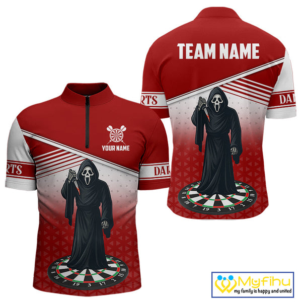 Custom Red And White Grim Reaper Dart Men Quarter-Zip Shirt, Halloween Dart Outfit NYN0674