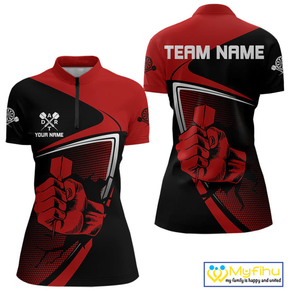 Custom Black And Red Strong Darts Team Women Quarter-Zip Shirts, Dart Jerseys NYN0064