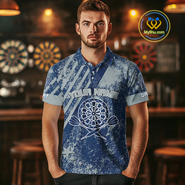 Custom Grunge Blue Vintage Darts Team Men Polo Shirts Sayings Keep Calm And Play Darts NYN0065