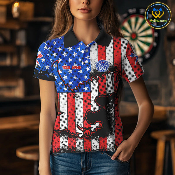 Custom Grunge US Flag Dart Patriotic Eagle Dart Team Polo Shirts For Women NYN0214