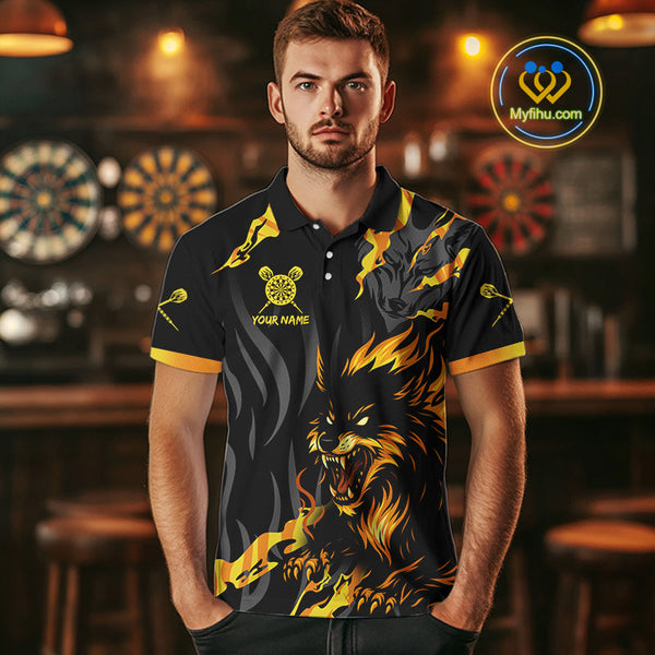 Custom Black And Yellow Camo Wolf Dart Team Men Polo Shirts, Dart Jerseys NYN0406