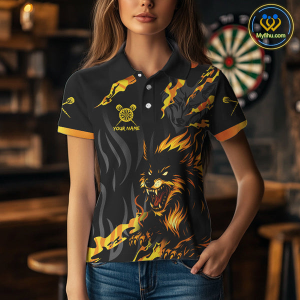 Custom Black And Yellow Camo Wolf Dart Team Women Polo Shirts, Dart Jerseys NYN0406