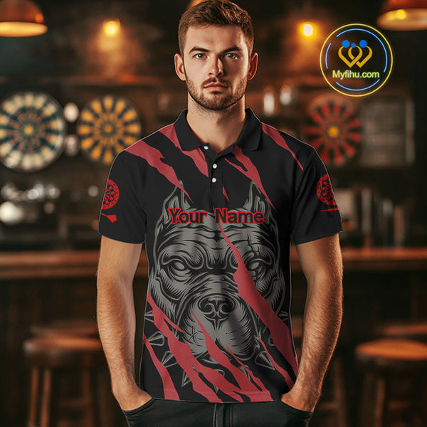 Custom Black And Red Pitbull Dog Claw Marks Dart Team Polo Shirts For Men, Dart Jerseys NYN0221
