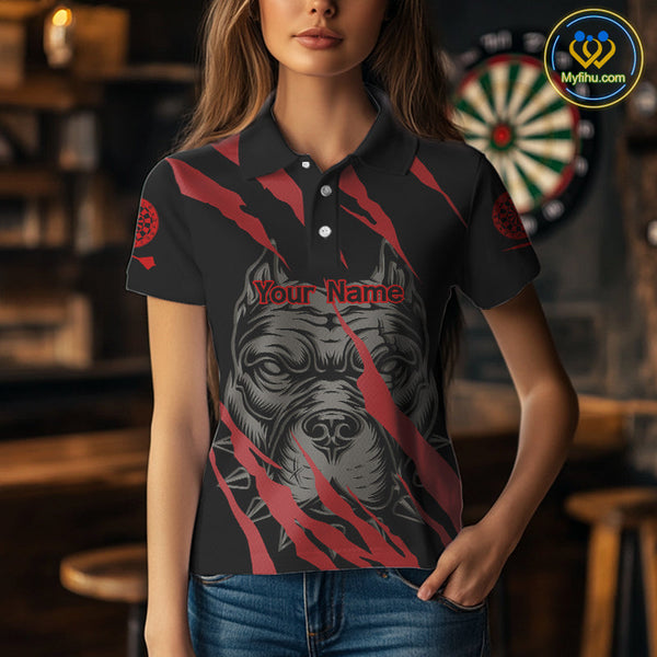 Custom Black And Red Pitbull Dog Claw Marks Dart Team Polo Shirts For Women, Dart Jerseys NYN0221