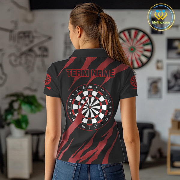 Custom Black And Red Pitbull Dog Claw Marks Dart Team Polo Shirts For Women, Dart Jerseys NYN0221