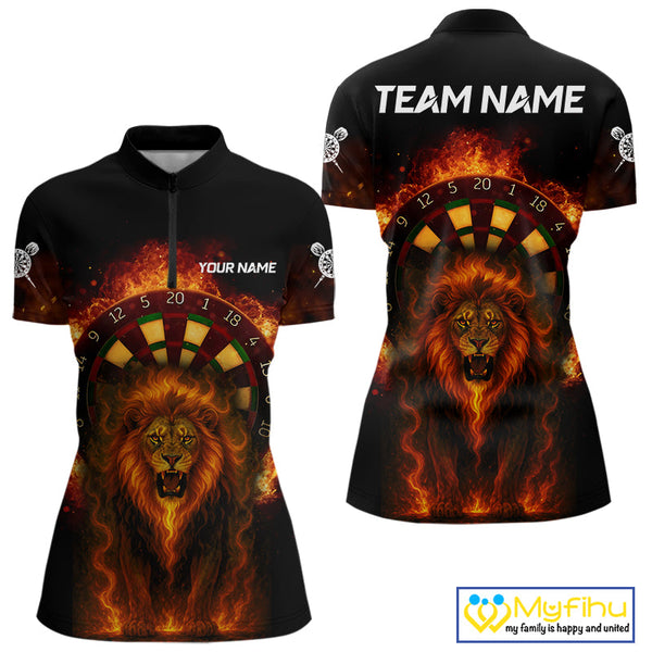 Custom Fire Flame Lion Dart Quarter-Zip Shirts For Women, Dart Team Tournament Shirt NYN0224