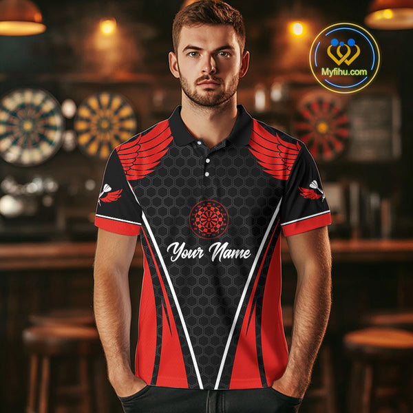 Custom Black And Red Wings Dart Polo Shirts For Men, Dart Team Dart League Shirt NYN0225