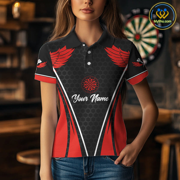 Custom Black And Red Wings Dart Polo Shirts For Women, Dart Team Dart League Shirt NYN0225