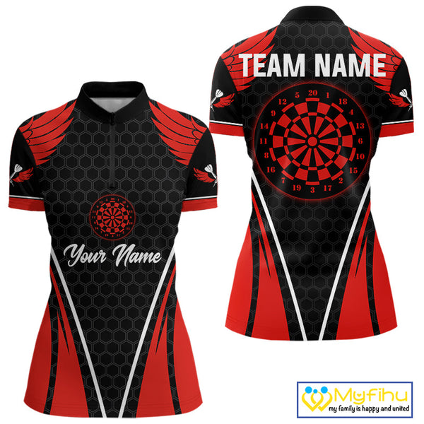 Custom Black And Red Wings Dart Quarter-Zip Shirts For Women, Dart Team Dart League Shirt NYN0225