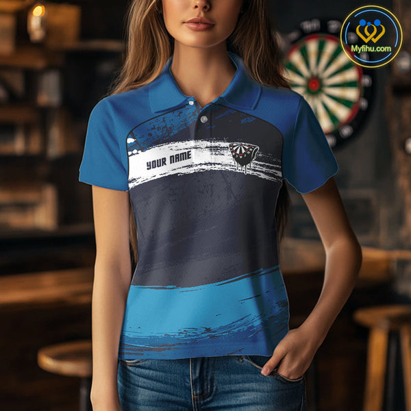 Custom Grunge Black And Blue Dripping Dartboard Dart Team Women Polo Shirt NYN0414