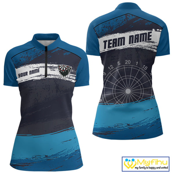 Custom Grunge Black And Blue Dripping Dartboard Dart Team Women Quarter-Zip Shirt NYN0414