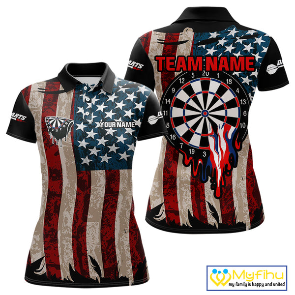 Custom Vintage US Flag Dart Patriotic Dart Team Women Polo Shirts, Retro Dart Jerseys NYN0420