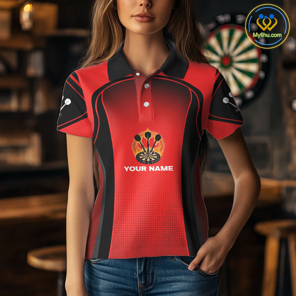 Custom Black And Red Fire Flame Dartboard Dart Jerseys, Dart Polo Shirts For Women NYN0428